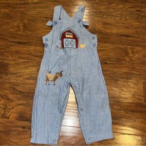 Blue Striped Kids Overalls with Barn and Cow Embroidery